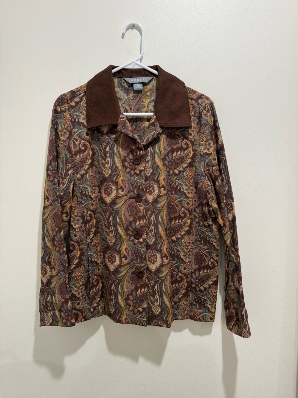 Vintage Koret Paisley Tapestry Jacket Brown Faux Suede Collar Medium